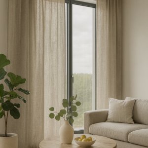 Sfeerimpressie van inbetween gordijn Zen Weave in zandkleur in een lichte woonkamer met een natuurlijke en rustige uitstraling
