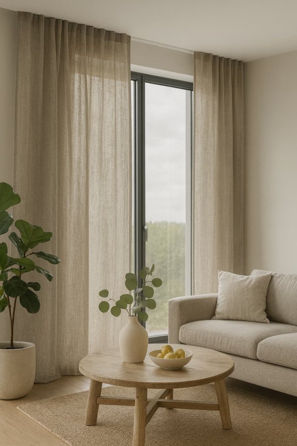 Sfeerimpressie van inbetween gordijn Zen Weave in zandkleur in een lichte woonkamer met een natuurlijke en rustige uitstraling