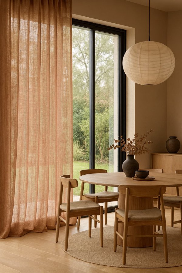 Inbetween gordijn Zen Weave in terra kleur sfeerimpressie in moderne woonkamer met warme lichtinval en natuurlijke materialen