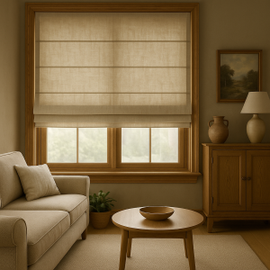Ivoorkleurige linnen vouwgordijnen uit de Elite collectie als sfeerimpressie in een licht en tijdloos landelijk interieur.