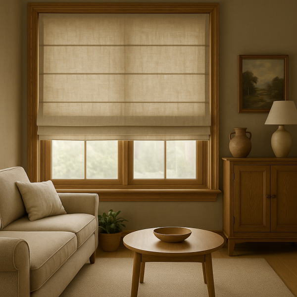 Ivoorkleurige linnen vouwgordijnen uit de Elite collectie als sfeerimpressie in een licht en tijdloos landelijk interieur.