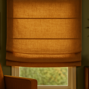 Linnen vouwgordijnen in okergeel als sfeerimpressie in een retro interieur met natuurlijke materialen.