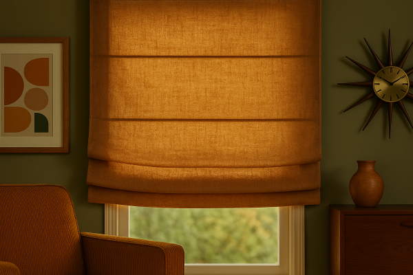 Linnen vouwgordijnen in okergeel als sfeerimpressie in een retro interieur met natuurlijke materialen.