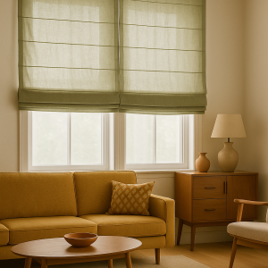 Olijfgroene linnen vouwgordijnen uit de Elite collectie als sfeerimpressie in een natuurlijk interieur.
