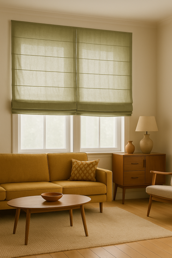 Olijfgroene linnen vouwgordijnen uit de Elite collectie als sfeerimpressie in een natuurlijk interieur.