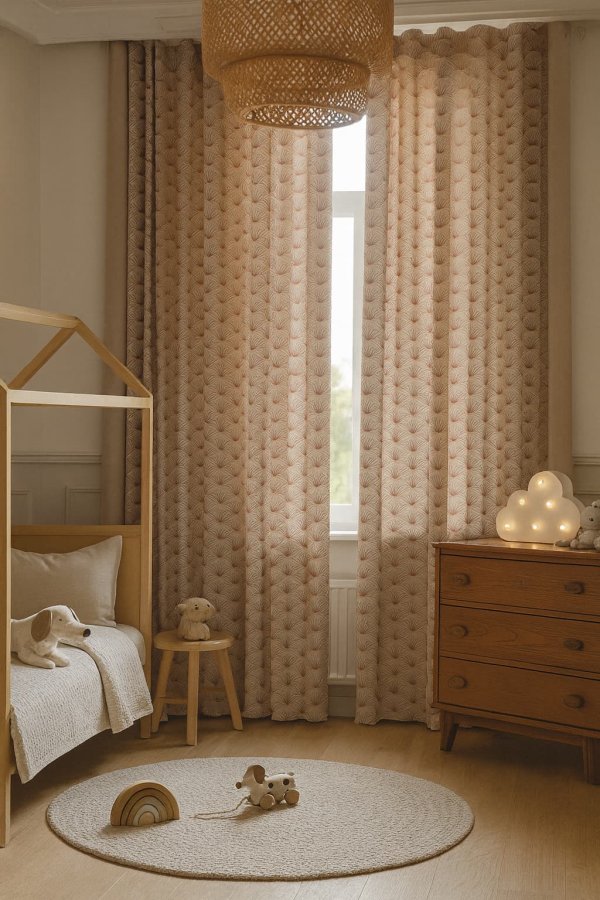 Sfeerimpressie van de Silktree kinderkamer gordijnen in een luxe, zacht ingerichte babykamer met houten meubels en natuurlijke accenten
