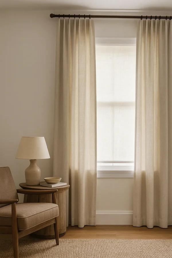 Naturel linnen gordijnen in ivoortint in een licht interieur met natuurlijke en rustige uitstraling