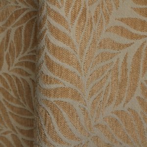 Jacquard chenille gordijnstof met bladpatroon in beige, patroon van de stof zichtbaar weergegeven