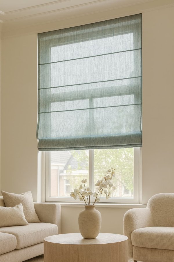 blauw Zen Weave vouwgordijn in een sfeervol interieur
