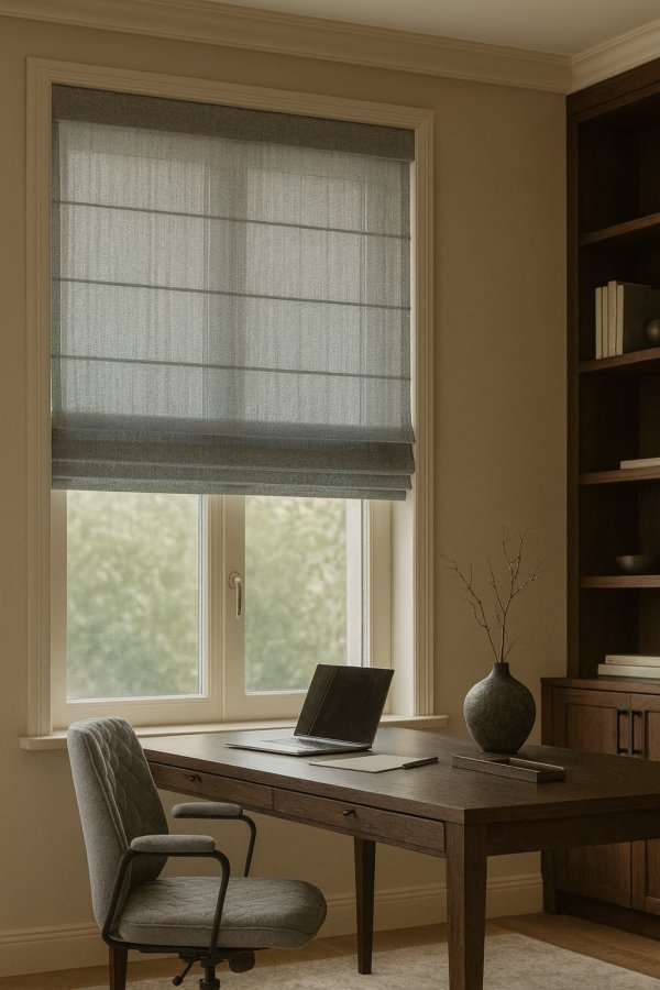 Zen Weave inbetween vouwgordijn in lichtgrijs als sfeervolle impressie in de woonkamer