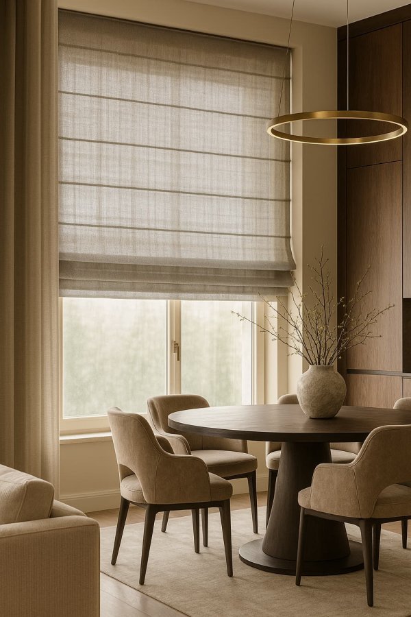 Zen Weave inbetween vouwgordijn in soft taupe als sfeervolle impressie in de woonkamer
