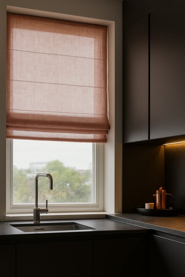 Sfeerimpressie van vouwgordijn in Zen Weave terra stof in een warm interieur met natuurlijke lichtinval en zachte uitstraling