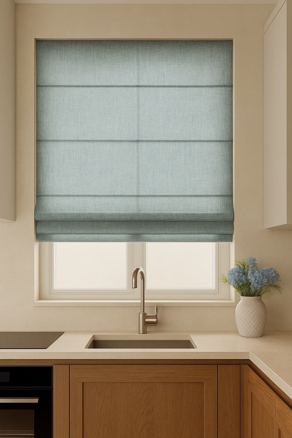 Sfeerimpressie van vouwgordijn in Zen Weave vintagegreen stof in een keuken met rustige tinten en natuurlijk licht