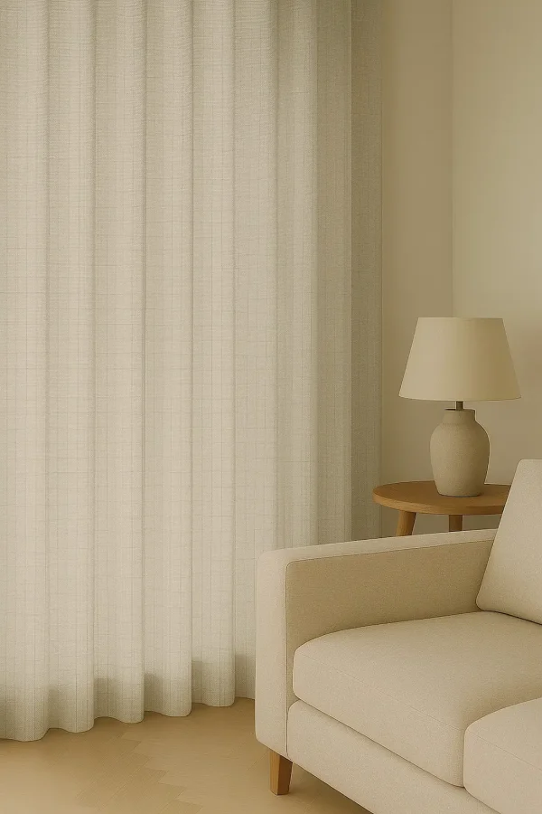 Crèmekleurig gordijn uit de Florain-collectie in een interieur setting met semi transparante stof voor een sfeervol beeld van de gordijnen