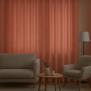 Sfeerimpressie van donkerroze gordijnen uit de Florain collectie in een warm en stijlvol interieur.