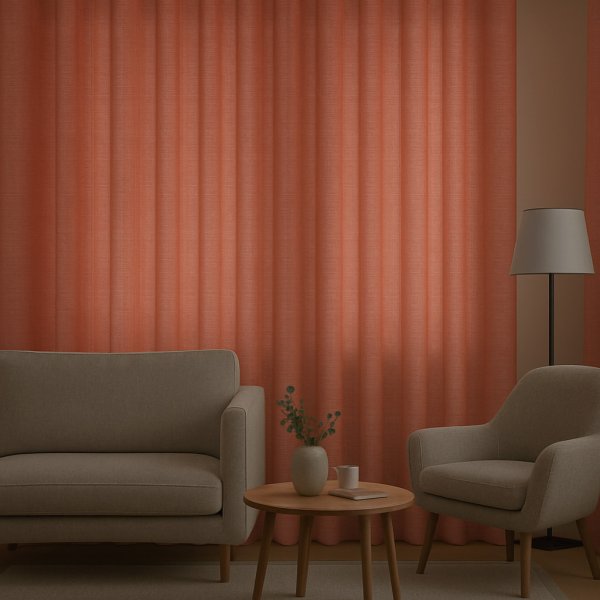 Sfeerimpressie van donkerroze gordijnen uit de Florain collectie in een warm en stijlvol interieur.