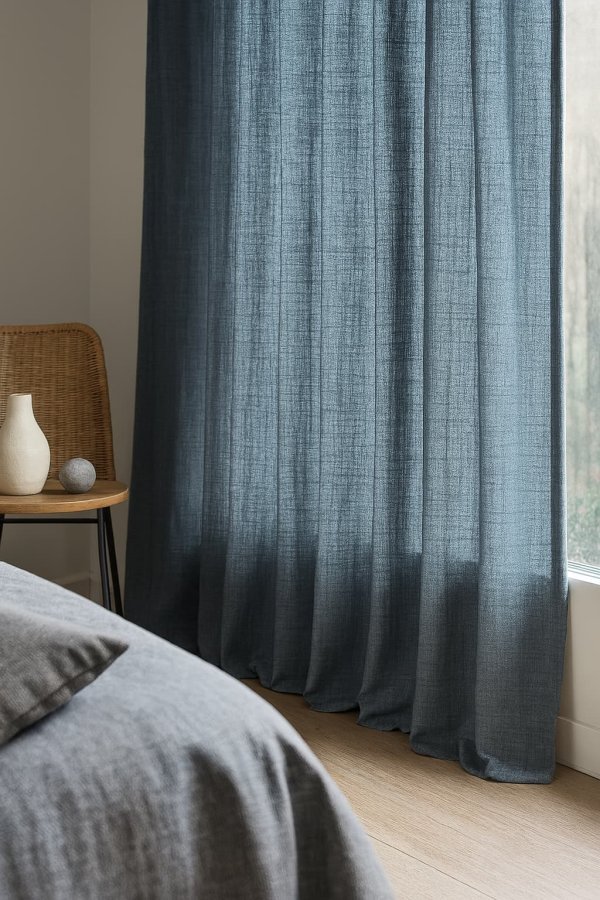 Sfeerimpressie van grijsblauwe gordijnen uit de Florain collectie in een rustige slaapkamer.