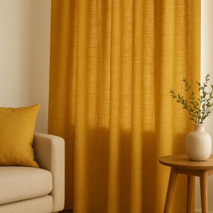 Sfeerimpressie van okergele gordijnen uit de Florain collectie in een warm en sfeervol interieur.