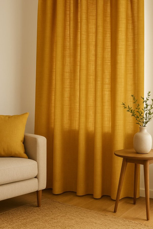 Sfeerimpressie van okergele gordijnen uit de Florain collectie in een warm en sfeervol interieur.