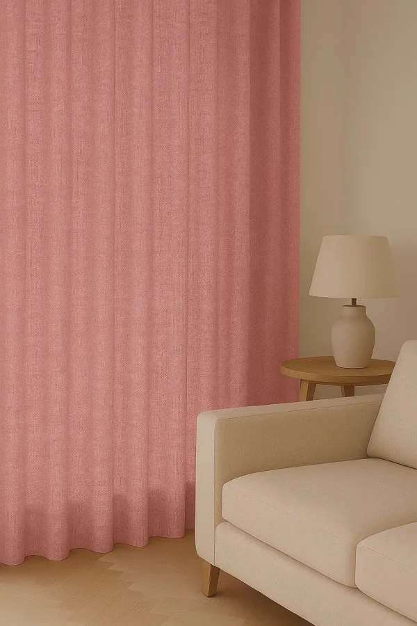 Roze gordijn uit de Florain-collectie in een stijlvol interieur met zachte lichtinval voor een sfeervol beeld van de gordijnen