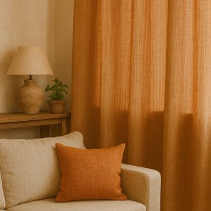 Sfeerimpressie van terrakleurige gordijnen uit de Florain collectie in een mediterraan interieur.