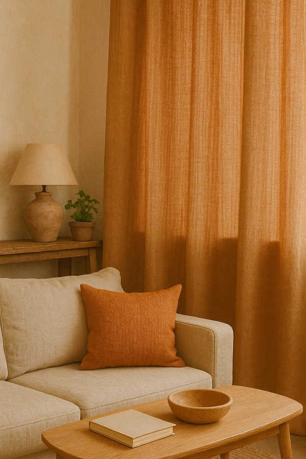 Sfeerimpressie van terrakleurige gordijnen uit de Florain collectie in een mediterraan interieur.