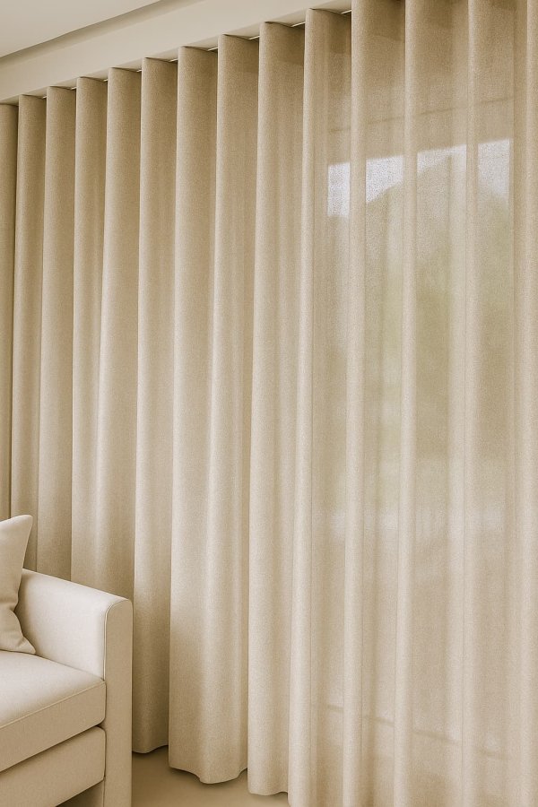 Champagnekleurige linnen-lurex gordijnen, sfeervol toegepast in een licht interieur met een elegante en subtiele glans.