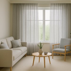 Sfeerimpressie van semi-transparante inbetween gordijnen in Scandinavische stijl met lichte, natuurlijke kleuren in een rustig en minimalistisch interieur. Sfeerimpressie in interieursetting