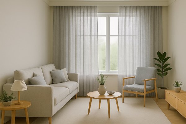 Sfeerimpressie van semi-transparante inbetween gordijnen in Scandinavische stijl met lichte, natuurlijke kleuren in een rustig en minimalistisch interieur. Sfeerimpressie in interieursetting