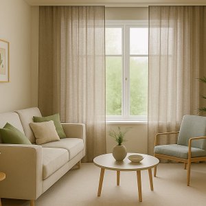 Groengrijze inbetween gordijnen uit de Norena-collectie in een botanisch interieur met veel planten, lichte tinten en natuurlijke materialen. Sfeerimpressie in interieursetting