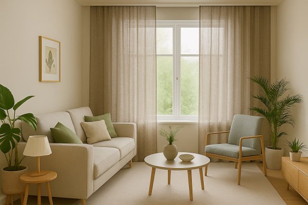 Groengrijze inbetween gordijnen uit de Norena-collectie in een botanisch interieur met veel planten, lichte tinten en natuurlijke materialen. Sfeerimpressie in interieursetting