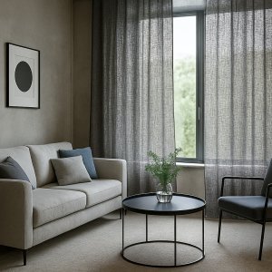 Sfeerimpressie van petrolkleurige inbetween gordijnen uit de Norena-collectie in een modern interieur met diepe tinten en een rustige lichtinval.