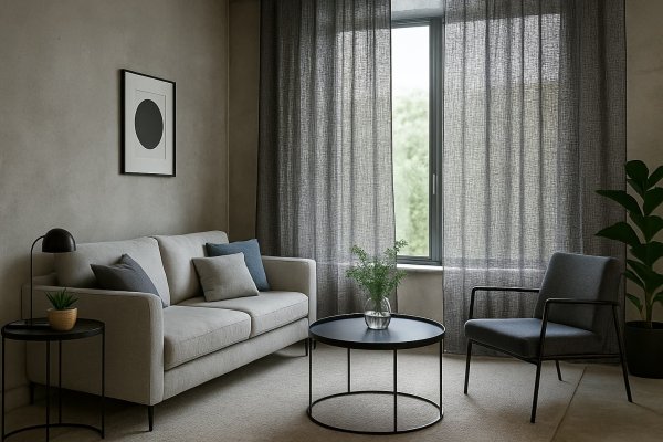 Sfeerimpressie van petrolkleurige inbetween gordijnen uit de Norena-collectie in een modern interieur met diepe tinten en een rustige lichtinval.