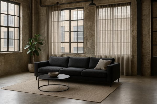 Inbetween gordijnen in een industrieel interieur met hoge ramen, zwarte accenten en stoere materialen zoals staal en beton. Sfeerimpressie in interieursetting