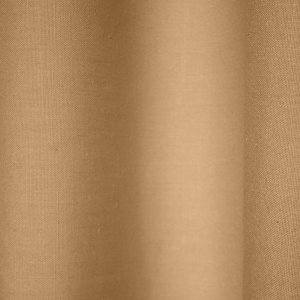 Stofdetails van beige gordijnen met linnen look uit de Saphira collectie van Okika, met zicht op de volle weving en natuurlijke structuur.