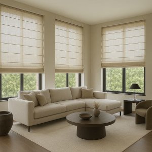 beige linnen inbetween vouwgordijnen uit de Maison collectie als sfeervolle impressie in een warm en stijlvol interieur