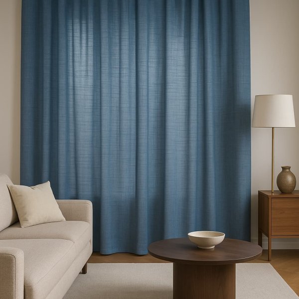 Denimblauwe gordijnen uit de Elegance collectie – sfeerbeeld in een moderne interieursetting, Okika.