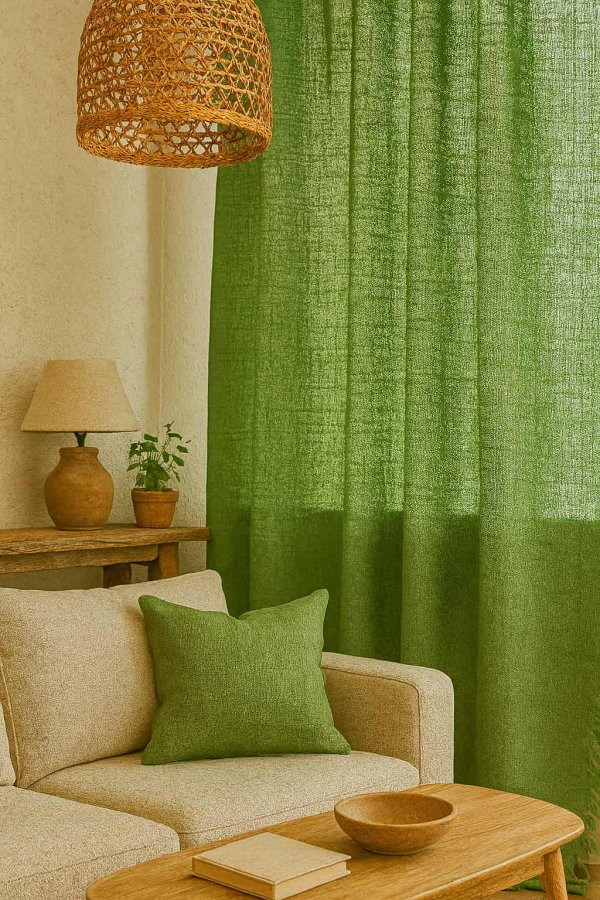 Sfeerimpressie van groene gordijnen uit de Florain collectie in een bohemian interieur met natuurlijke elementen.