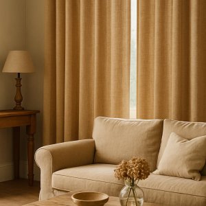 Sfeerimpressie van lichtbruine gordijnen uit de Florain collectie in een landelijk interieur.