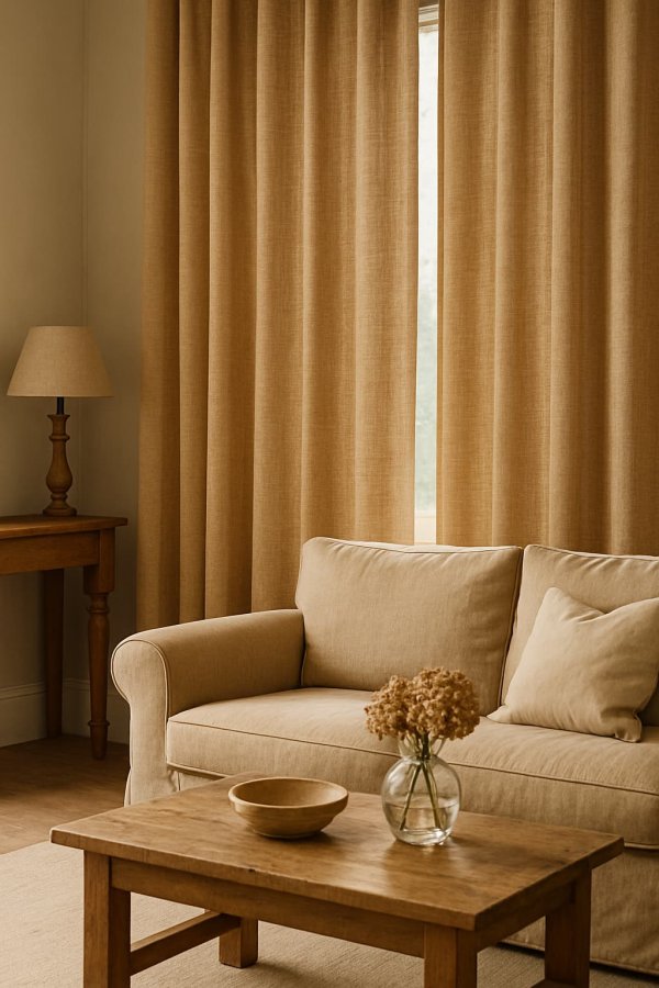 Sfeerimpressie van lichtbruine gordijnen uit de Florain collectie in een landelijk interieur.