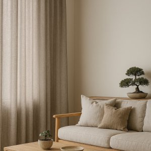 Sfeerimpressie van lichtgrijze gordijnen uit de Florain collectie in een Scandinavisch interieur.