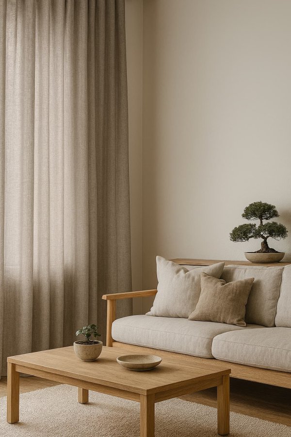 Sfeerimpressie van lichtgrijze gordijnen uit de Florain collectie in een Scandinavisch interieur.