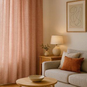 Sfeerimpressie van lichtroze gordijnen uit de Florain collectie in een zacht en licht interieur.