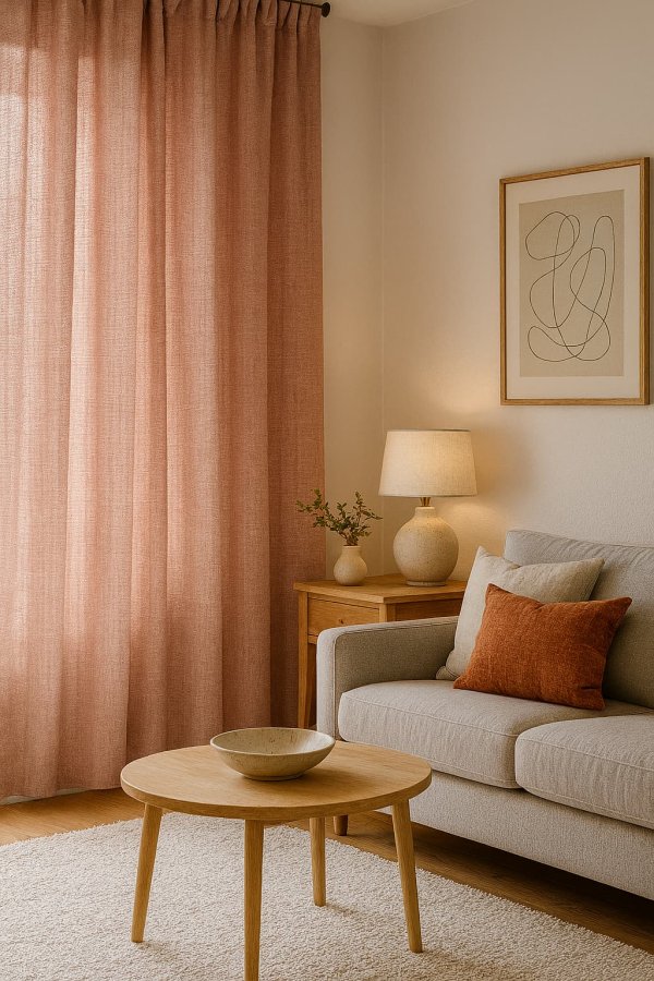 Sfeerimpressie van lichtroze gordijnen uit de Florain collectie in een zacht en licht interieur.