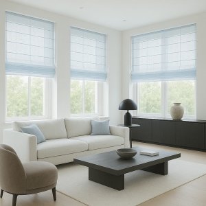 lichtblauwe linnen inbetween vouwgordijnen uit de Maison collectie als sfeervolle impressie in een fris en licht interieur