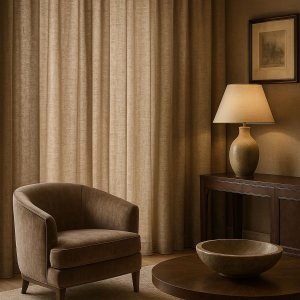 Sfeerimpressie van bronskleurige linnen gordijnen met lurex in een stijlvol interieur met warme glans en natuurlijke materialen.