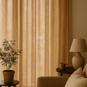 Beige linnen inbetween gordijnen, nagebootst in een interieur met zachte, neutrale tinten.