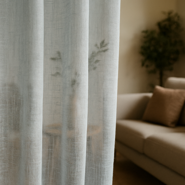 Inbetween gordijnen van 100% linnen in blauw uit de Maison-collectie, luchtig opgehangen in een modern interieur.