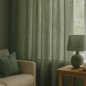 Linnen inbetween gordijnen in mosgroen, subtiel toegepast in een natuurlijk interieur met zachte lichtinval.