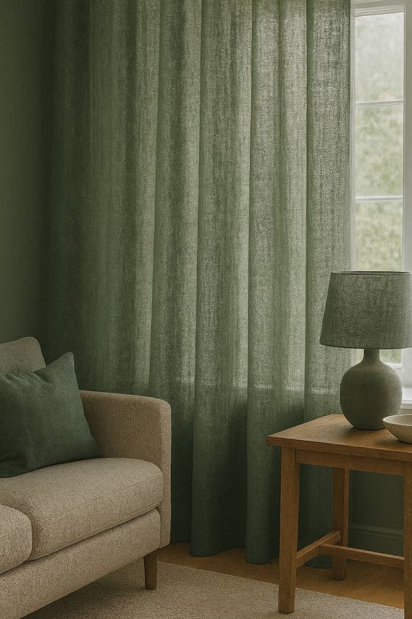 Linnen inbetween gordijnen in mosgroen, subtiel toegepast in een natuurlijk interieur met zachte lichtinval.